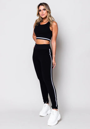 Conjunto Calça moletom + Top preta com elástico lateral