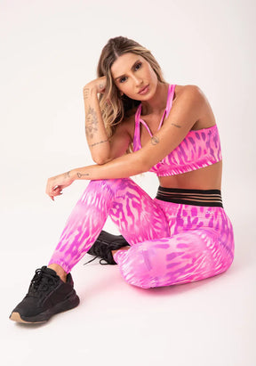 Conjunto Calça legging + Top wild com elástico estampada lince rosa