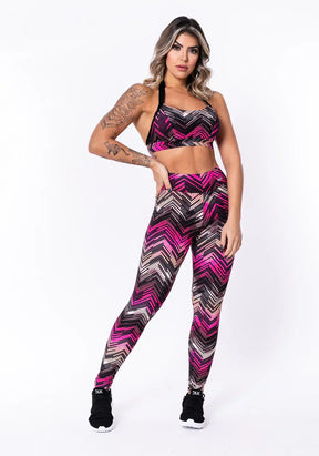 Conjunto fitness match poliamida estampada zig zag rosa (top+calça)