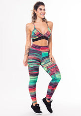 Conjunto fitness match poliamida estampada riscos coloridos (top+calça)