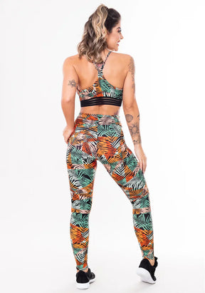 Conjunto fitness match poliamida estampada folhagem laranja (top+calça)