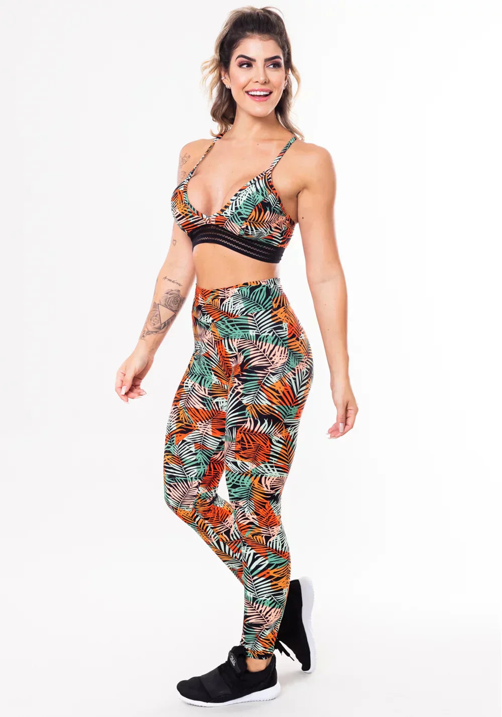 Conjunto fitness match poliamida estampada folhagem laranja (top+calça)