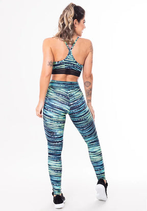 Conjunto fitness match poliamida estampada riscos azuis (top+calça)