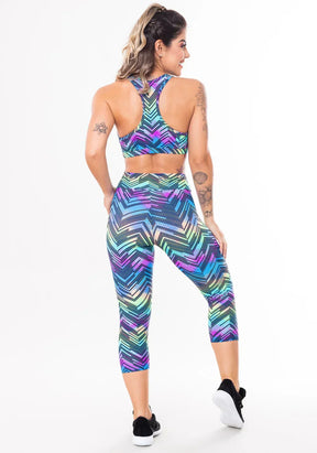 Conjunto fitness match poliamida estampado zig zag colorido (top+corsário)