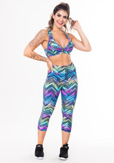 Conjunto fitness match poliamida estampado zig zag colorido (top+corsário)