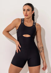 Macacão curto fitness feminino preto com elástico cruzado intense