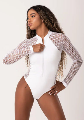 Body fitness feminino branco manga longa com zíper new age