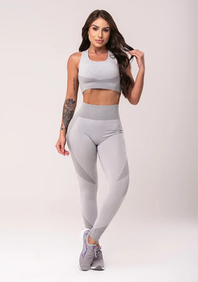 Conjunto Legging fitness feminina + Top cinza texturizada seamless