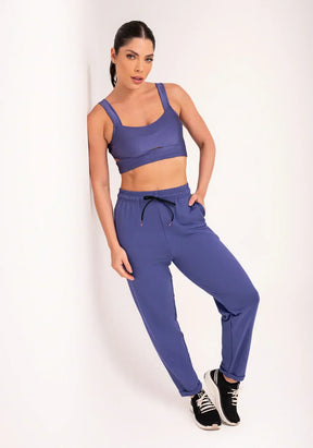 Conjunto Calça + Top jogger feminina azul moletinho flow