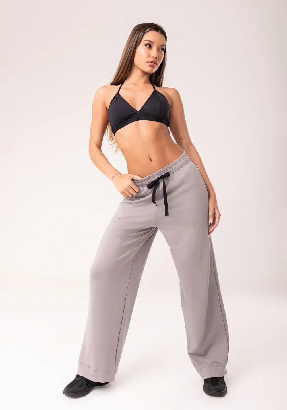 Conjunto Calça moletinho + Top feminina cinza com bolso oasis