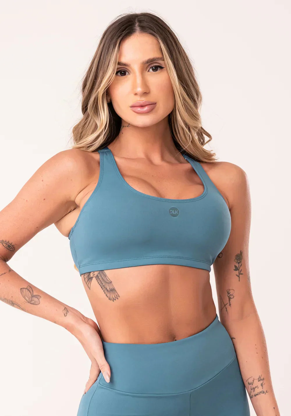 Conjunto Top fitness feminino + Calça Legging azul com bojo e alças reguláveis oasis