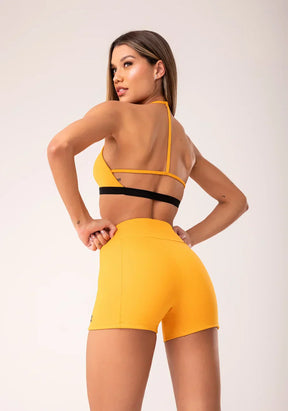 Conjunto Top fitness feminino + Bermuda amarelo com bojo e alças finas oasis