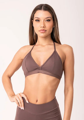 Conjunto Top fitness feminino + Bermuda marrom com bojo e alças finas oasis