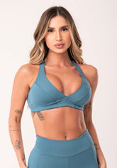 Conjunto Top fitness feminino nadador + Bermuda azul oasis