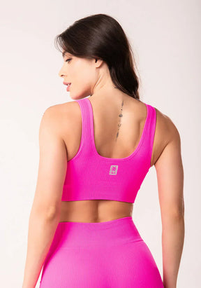 Conjunto Top fitness feminino com bojo + Bermuda texturizado pink seamless