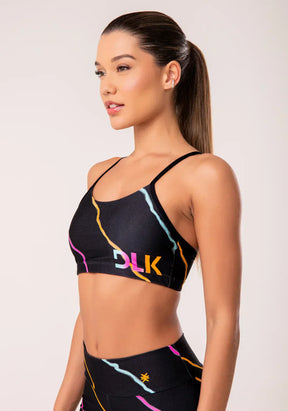 Conjunto Top fitness feminino com bojo + Bermuda estampado neon energetic printed