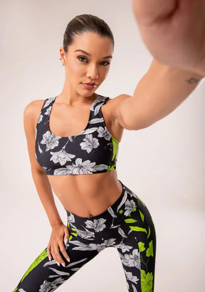 Conjunto Top fitness feminino + Calça Legging estampado neon paradise printed