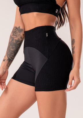 Conjunto Short + Top fitness feminino preto com recortes texturizados harmony