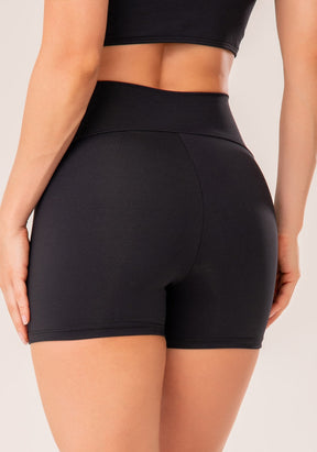 Conjunto Short + Top fitness feminino preto com cós transpassado harmony