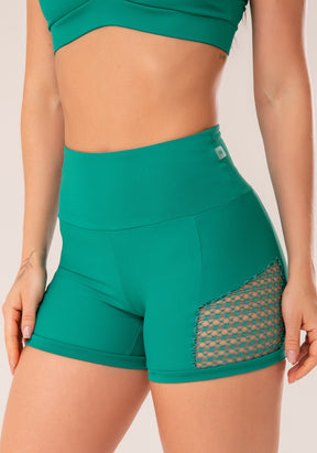 Conjunto Short + Top fitness feminino verde com recortes em tela harmony