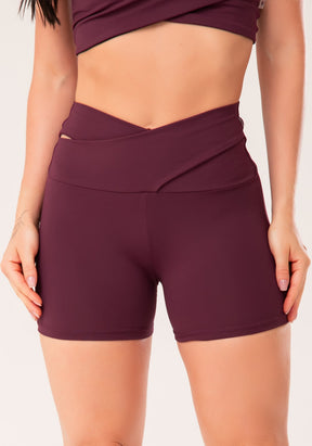 Conjunto Short + Top fitness feminino vinho com cós transpassado harmony