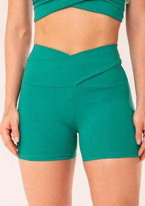 Conjunto Short + Top fitness feminino verde com cós transpassado harmony