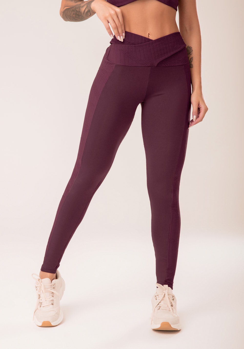 Conjunto Legging + Top fitness feminina vinho cós transpassado harmony