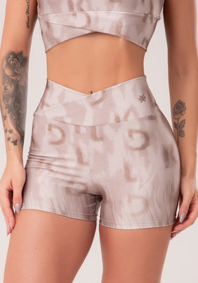 Conjunto Short + Top fitness feminino com cós transpassado estampado equilíbrio astral