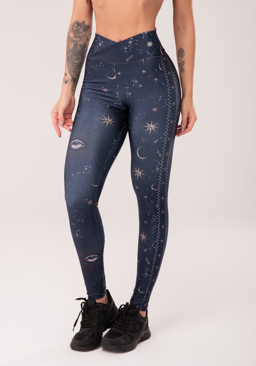 Conjunto Legging + Top fitness feminina com cós transpassado estampada supernova astral